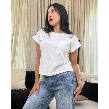 T-Shirt A Manches Repliées Et Col Rond Avec Poche Poitrine Et Aérée